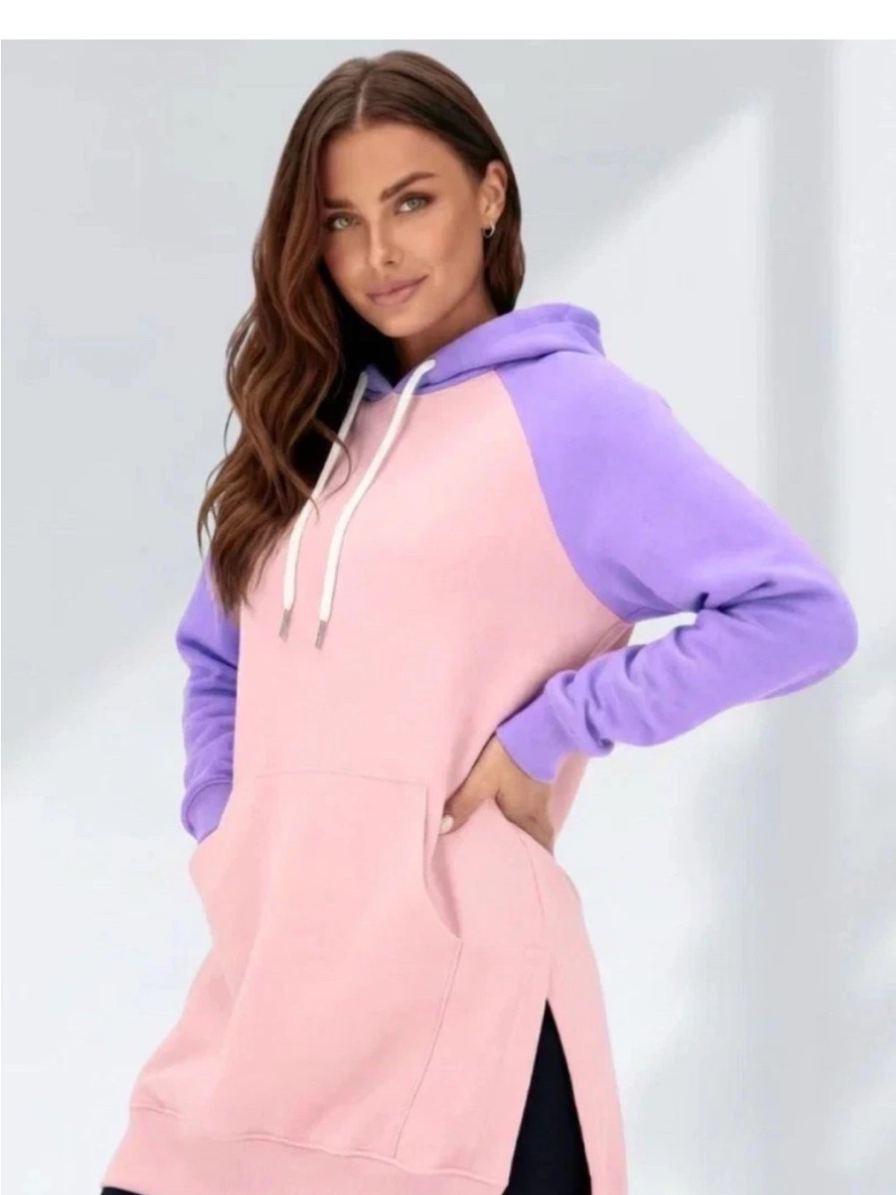 The WARMY NWOT L Colorblock FLEECE LINED Hoodie SIDE SLITS Tunic Pink Lavender